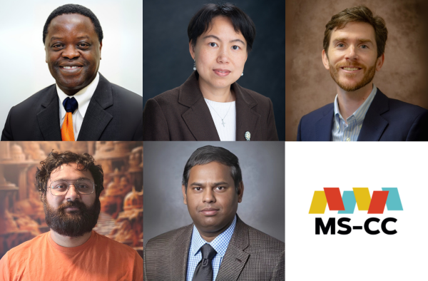 MS-CC collage includes faculty project leads Dr. Adebisi Oladipupo, Dr. Hong Jiang, and Dr. Thomas Patterson, Dr. Saurav K. Aryal, and Dr. Uttam Ghosh.
