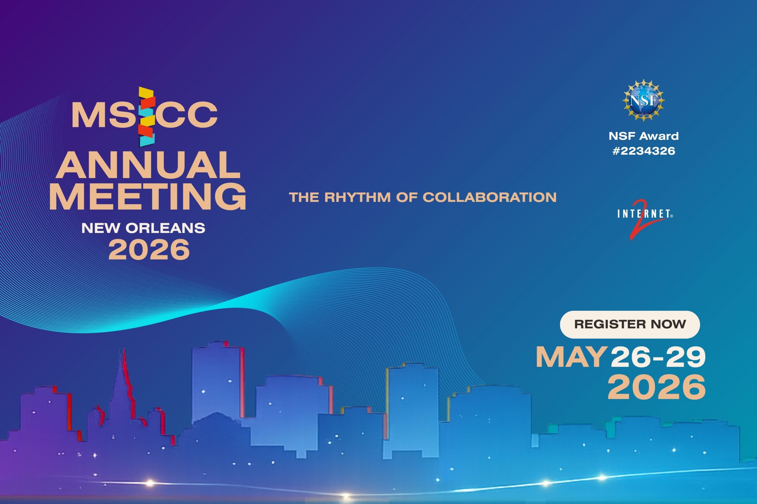 purple-teal background with nsf and internet 2 logo register now graphic for MS-CC Annual meeting